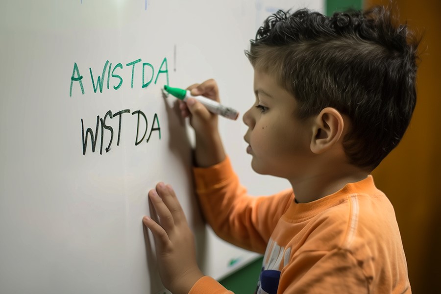 Niño con disgrafia intentando escribir en el pizarrón.